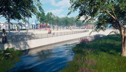 Tuleva Partolanaukio havainnekuvassa Härmälänojan varrella, etualalla puita.