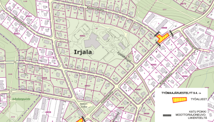 Irjalankadun katutyömaat keväällä 2026 kartalla
