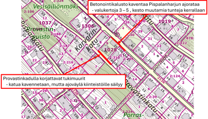 Karttakuva Provastinkadusta. Kuvassa kerrotaan, että Provastinkadulla korjattavien tukimuurien sijainti ja mistä katua kavennetaan. Lisäksi kerrotaan, missä betonointikalusto kaventaa Pispalanharjun ajorataa.