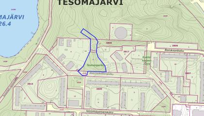 Tesmanperkon viheralueen sijainti merkitty sinisellä rajauksella kartassa.
