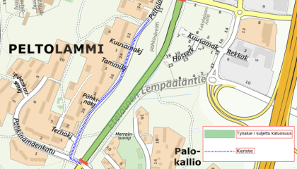 Peltolammilla Lempääläntien karttakuva, johon merkattu kiertoreitti ja työmaa-alue.
