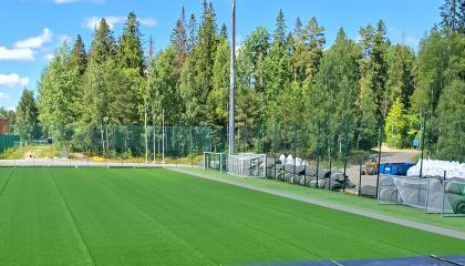 Kuvassa vihreää siirtonurmea, siirrettäviä rullia takana.