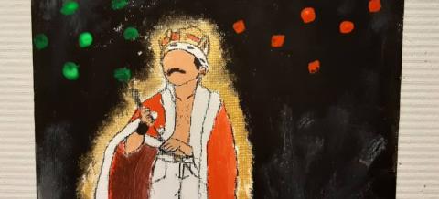 Oppilaan tekemä värikäs maalaus Freddie Mercurysta. 