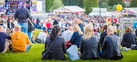 Yleisöä istuu nurmikolla Tammerfestissä.