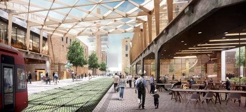 Havainnekuva Hiedanrannan Tehtaasta, näkymä raitiotipysäkiltä