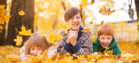 kids lying on autumn leaves