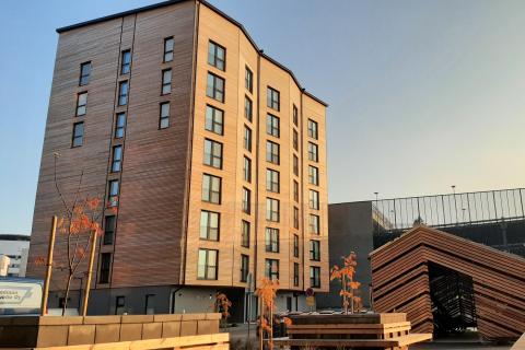 Korkea puurakennus ilta-auringossa.