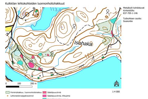 Kulkkilan lentokohteiden työmaakarttaan on merkittu luonnonhoitohakkuut, harvennushakkuut, säästöpuuryhmät ja lehtoneidonvaippaesiintymät.