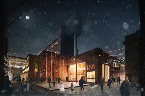 Havainnekuva Hiedanrannan Tehtaan keskusaukiolta talvella ilta-aikaan.