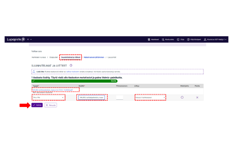Kuva Lupapisteen käyttöliittymästä. Kuvassa esitetään, miten esittelyaineiston tallentaminen Lupapisteeseen tapahtuu.