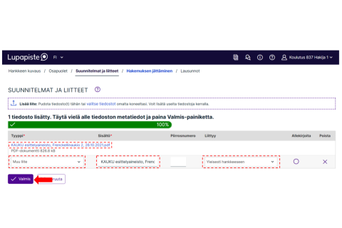 Esimerkki Lupapisteen käyttöliittymästä, jossa esitetään liitteen tallennusnäyttö ja oikeat metatietokentät.