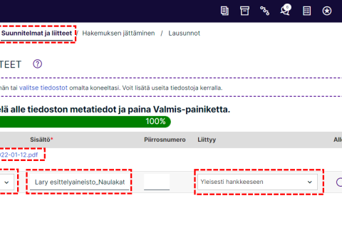 Esimerkki Lupapisteen käyttöliittymästä liitteen tietojen syöttämisestä.