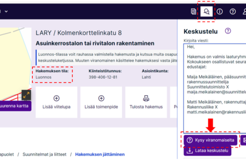 Esimerkki Lupapisteen käyttöliittymästä, jossa esitetään hankkeen keskustelu ja &quot;kysy viranomaiselta&quot; -toiminto.