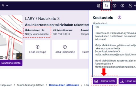 Esimerkki Lupapisteen käyttöliittymästä, jossa esitetään hankkeen keskustelu ja &quot;lähetä viesti&quot; -toiminto.