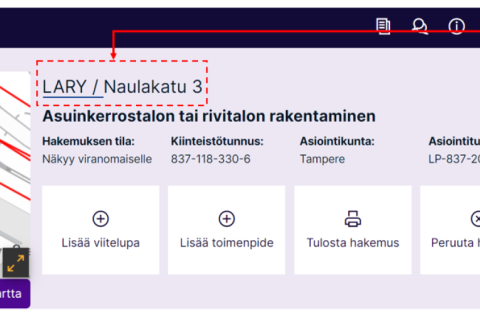 Esimerkki Lupapisteen käyttöliittymästä, jossa esitetään osoitekenttä ja muokkausnappi.