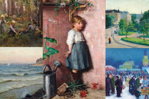 Viisi värikästä öljyvärimaalausta mosaiikkimaisessa sommitelmassa.