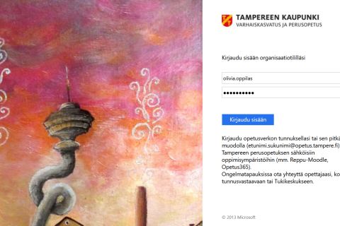 Opetusverkon kirjautumissivu. Vasemmalla puolella on piirretty kuva, jossa on mutkalla oleva Näsinneula ja sen molemmilla puolilla savupiippu. Kuvan oikeassa reunassa on Opetusverkon kirjautumislaatikot, joihin on esimerkiksi kirjoitettu olivia.oppilas ja salasana peitettynä. Niiden alla on Kirjaudu sisään -painike ja tarkemmat ohjeet tunnuksesta.