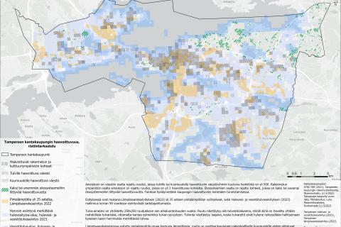 Tampereen kartalle on koottu helteen ja tulvien todennäköiset vaikutukset ihmisiin, rakennuksiin ja ekosysteemiin.