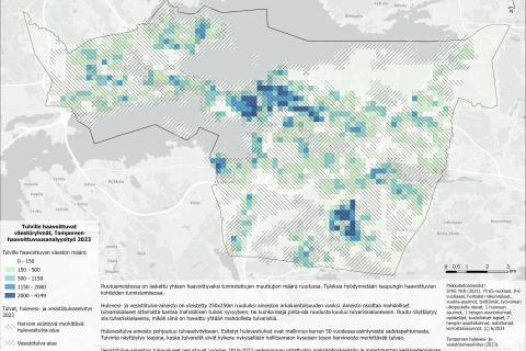 Tampereen kartalla on korostettu sinisellä ja vihreällä alueet joilla asuu tulville erityisen haavoittuvia ihmisiä.