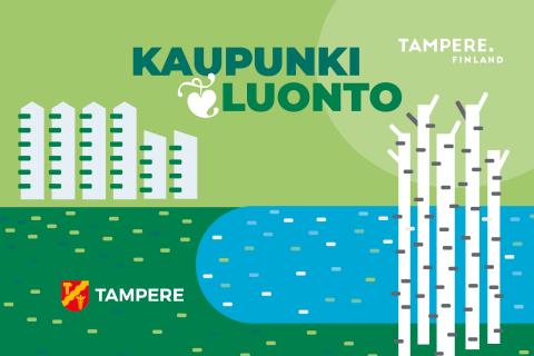 Kaupunkien luontofoorumin 2024 piirroskuva, jossa on järvi, puita ja kerrostaloja.