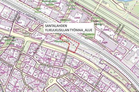 Santalahden ylikäytävän työmaa kartalla.