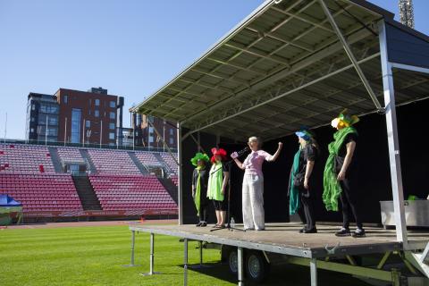 Viisi ihmistä rivissä esiintymislavalla. Taustalla katsomo ja kerrostaloja.