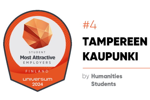 Tunnus, joka kertoo englanniksi Tampereen kaupungin olevan humanististen alojen opiskelijoiden neljänneksi suosituin työnantaja Suomessa.