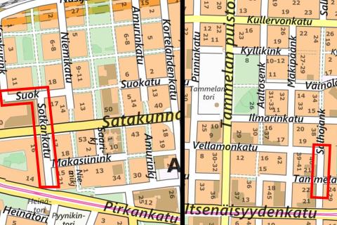 Amurin ja Tammelan uudet pyöräkadut kartalla.