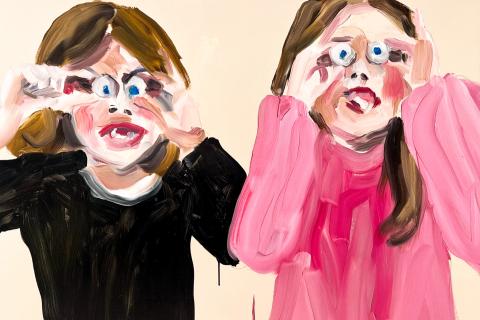 Maalauksessa kaksi tyttöä pelleilee leikkisilmämunilla ja vampyyrinhampailla..