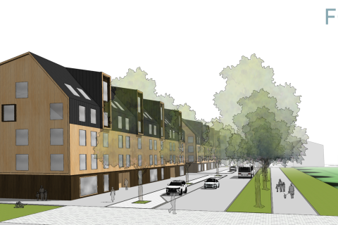 Havainnekuva rakennuksesta, jonka oikealla puolella kulkee katu.