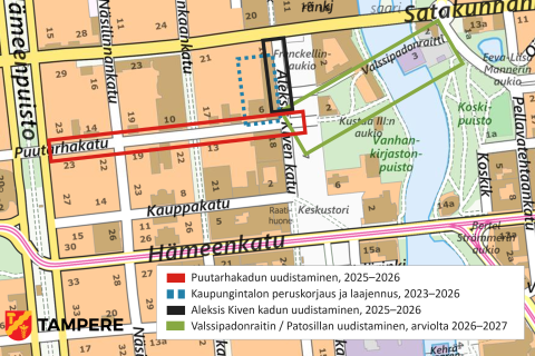 Karttakuva, johon on merkitty Puutarhakadun remonttialue sekä muut saman alueen rakennushankkeet.