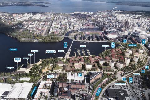 Havainnekuva Viinikanlahdesta ilmaperspektiivistä. 