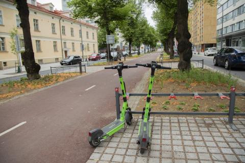 Sähköpotkulautoja pysäköityinä kadun varteen.