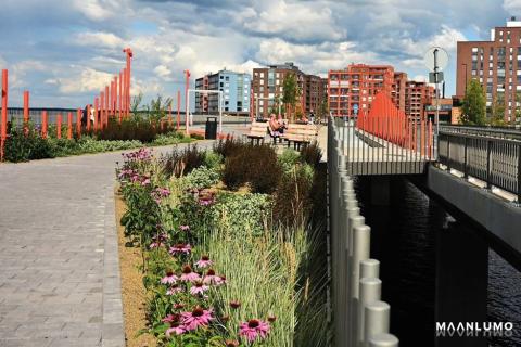 Näsin puistosillan kukkivat kukat Ranta-Tampellan kerrostalojen näkyessä taustalla.