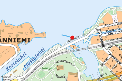 Karttakuva Näsin puistosillasta, jossa on punainen merkki.
