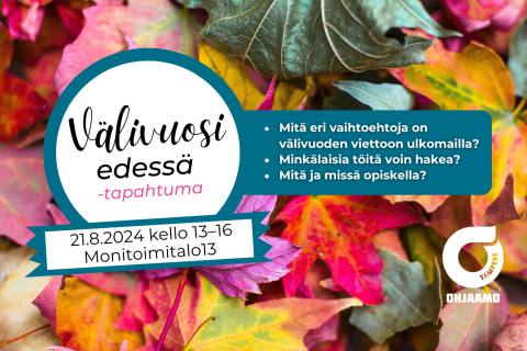 Värikkäiden syksyn lehtien päällä on Välivuosi edessä -tapahtuman pyöreä tunnus.