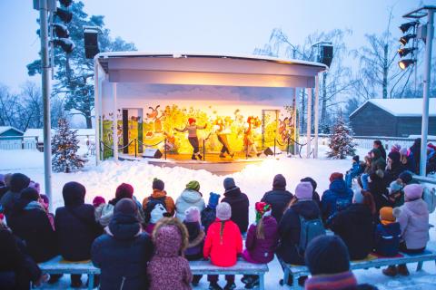 The audience watches a performance on stage in Särkänniemi Doghill.
