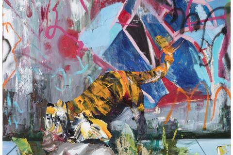 Värikkäässä maalauksessa on graffitin ja eläimenkaltaisia muotoja.