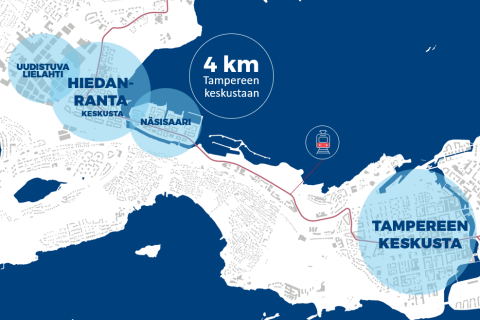 Kuvassa näkyy Hiedanrannan uuden kaupunginosan sijainti kartalla suhteessa Tampereen keskustaan.