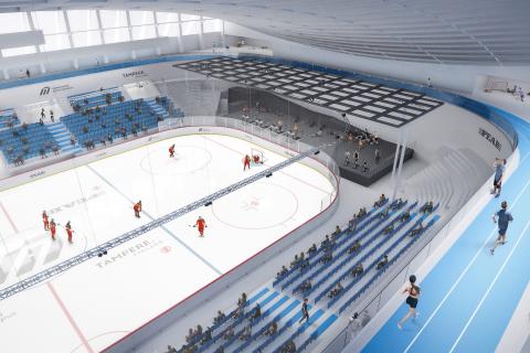 Havainnekuva jossa Hakametsän hallissa pelataan jääkiekkoa. Etualalla osaa katsomosta korvaava juoksusuora. 