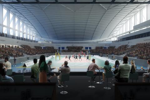 Havainnekuva, jossa Hakametsässä pelataan lentopalloa. Etualalla lavalle rakennettu VIP-katsomo. 