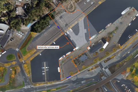 Karttakuva, johon on merkitty Särkänsillan rakentamisen työmaa-alue Mustanlahden satamassa.