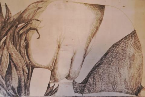 Piirroskuvassa roikkuu hahmo pää alaspäin ja vatsamakkarat pullistuvat.