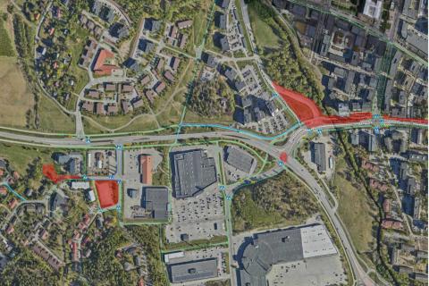 Partolan liikennejärjestelyt kartalla raitiotietyömaan takia.