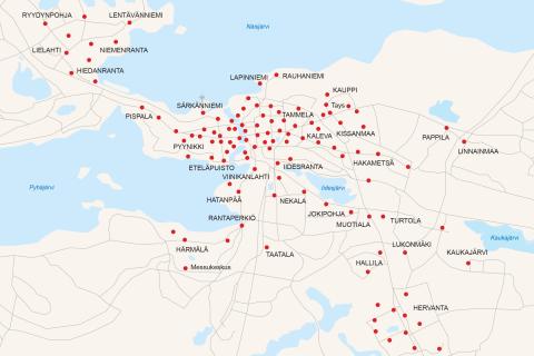 Kartta kaupunkipyöräasemien verkostosta kaudella 2025. Kaupunkipyöräasemia on Tampereen keskusta-alueen lisäksi pohjoisessa Rauhaniemessä, etelässä Hervannassa, lännessä Ryydynpohjassa ja Lentävänniemessä ja idässä Linnainmaalla ja Kaukajärvellä saakka.