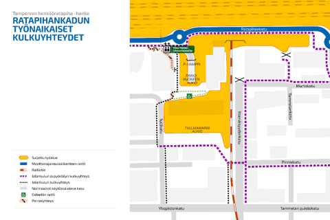 Karttakuva, jossa näkyy ratapihankadun työnaikaiset kulkuyhteydet kiertona rata-alueelle.