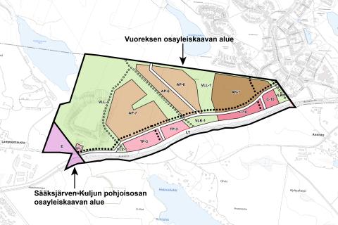 Vuoreksen ja Sääksjärven-Kuljun pohjoisosan osayleiskaavojen alueet.