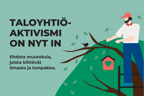 Piirroskuvassa henkilö ripustaa linnunpönttöä puuhun. 