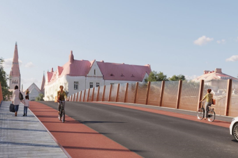 Havainnekuva uudesta Erkkilän sillasta, jossa näkyy omat kaistat pyöräilijöille, kävelijöille sekä ajoneuvoille.