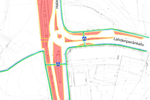 Hatanpään valtatien ja Lahdenperänkadun risteyksen liikenneympyrä kartalla.